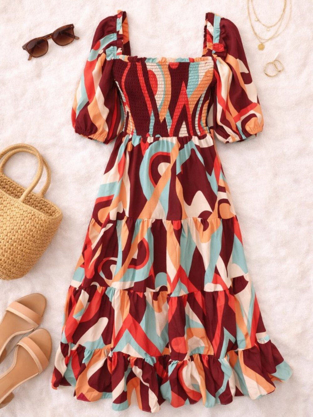 August Sky Smocked Boho Dress S Colorful Print Puff Sleeve Midi
